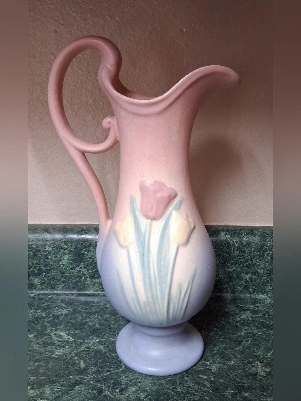 Vintage Hull 1938 Art Pottery Large Tulip Pink Blue Pitcher Vase 13” Tall